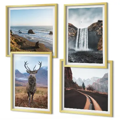 Wall art set featuring mountain landscapes with waterfalls, deer, and beaches