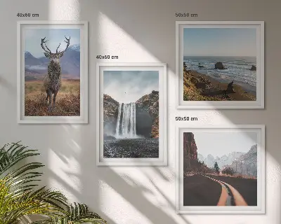 Wall art set featuring mountain landscapes with waterfalls, deer, and beaches