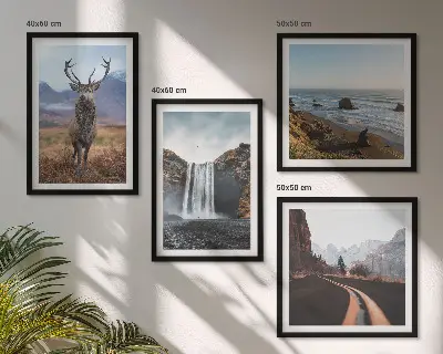 Wall art set featuring mountain landscapes with waterfalls, deer, and beaches