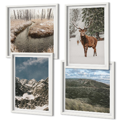 Set of 4 wall art pieces Mountains snow deer forest landscape