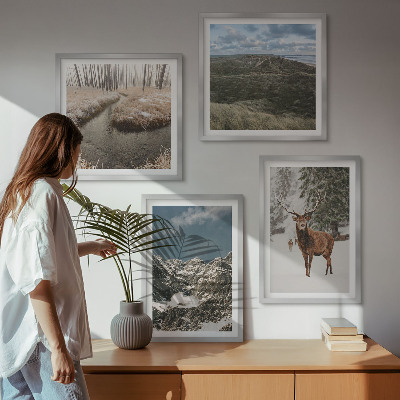Set of 4 wall art pieces Mountains snow deer forest landscape
