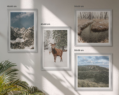 Set of 4 wall art pieces Mountains snow deer forest landscape