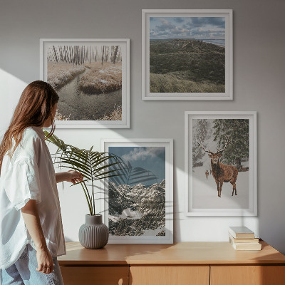 Set of 4 wall art pieces Mountains snow deer forest landscape