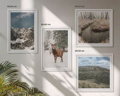 Set of 4 wall art pieces Mountains snow deer forest landscape