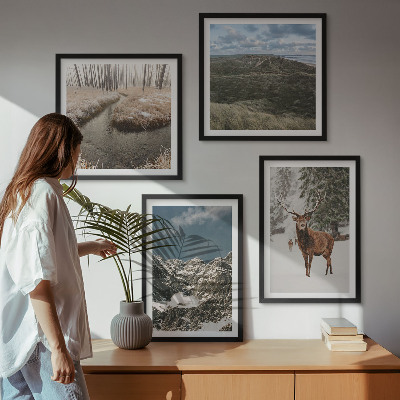 Set of 4 wall art pieces Mountains snow deer forest landscape