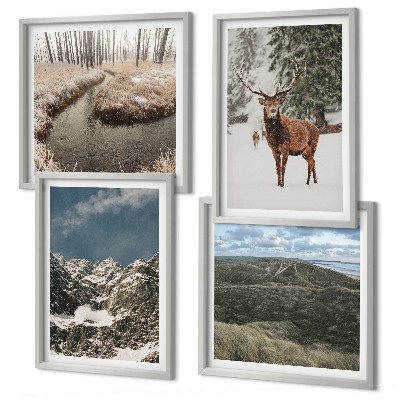Set of 4 wall art pieces Mountains snow deer forest landscape