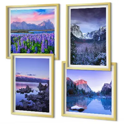 Wall art set featuring mountain landscapes, water, and flower fields