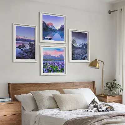 Wall art set featuring mountain landscapes, water, and flower fields