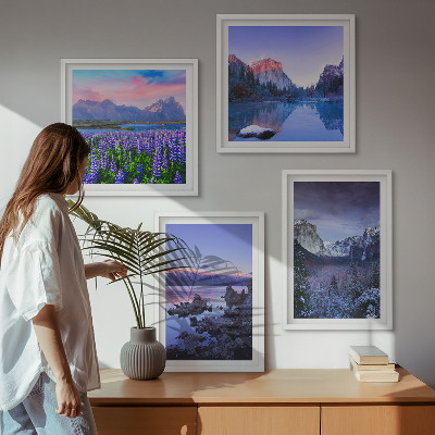 Wall art set Mountain landscapes, water, flower field