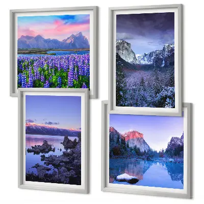 Wall art set featuring mountain landscapes, water, and flower fields