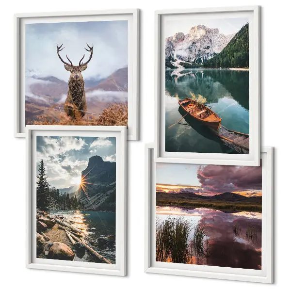 Wall art set featuring a mountain lake boat sunset and deer