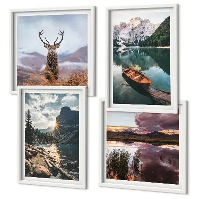Wall art set featuring a mountain lake boat sunset and deer