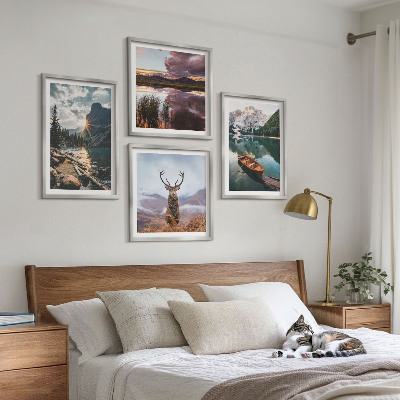 Wall art set Mountain lake boat sunset deer