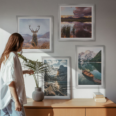Wall art set Mountain lake boat sunset deer