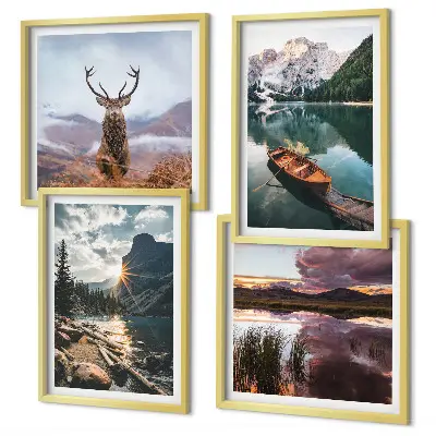 Wall art set featuring a mountain lake boat sunset and deer