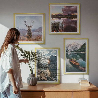 Wall art set Mountain lake boat sunset deer