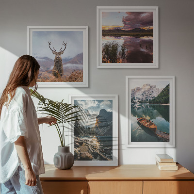 Wall art set Mountain lake boat sunset deer
