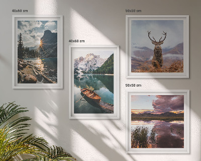 Wall art set Mountain lake boat sunset deer