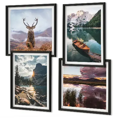 Wall art set featuring a mountain lake boat sunset and deer
