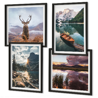Wall art set Mountain lake boat sunset deer