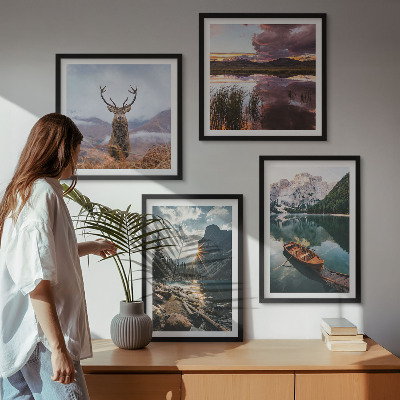 Wall art set Mountain lake boat sunset deer