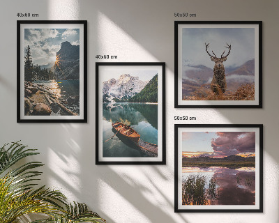 Wall art set Mountain lake boat sunset deer