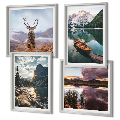 Wall art set Mountain lake boat sunset deer