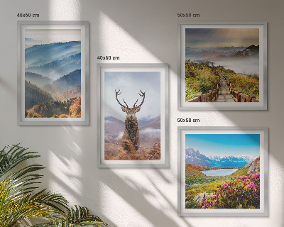 Set of 4 wall art pieces Mountain landscape lake deer