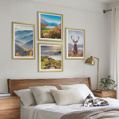 Set of 4 wall art pieces Mountain landscape lake deer
