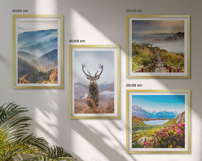 Set of 4 wall art pieces Mountain landscape lake deer
