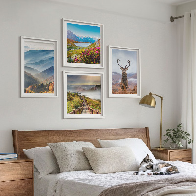 Set of 4 wall art pieces Mountain landscape lake deer