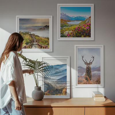 Set of 4 wall art pieces Mountain landscape lake deer