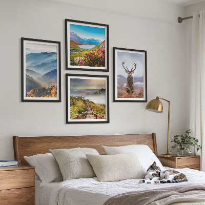 Set of 4 wall art pieces Mountain landscape lake deer