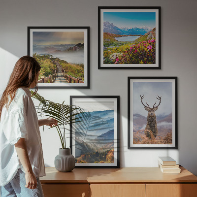 Set of 4 wall art pieces Mountain landscape lake deer