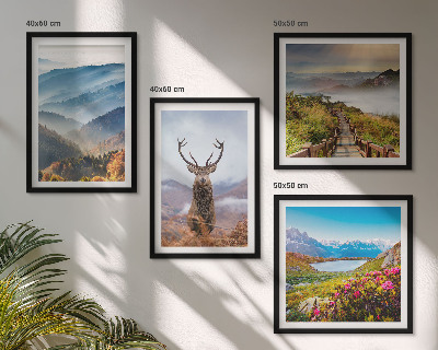 Set of 4 wall art pieces Mountain landscape lake deer