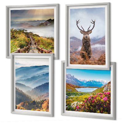 Set of 4 wall art pieces Mountain landscape lake deer
