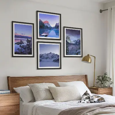 Multi-piece wall decor set with mountain landscape and sunset over water