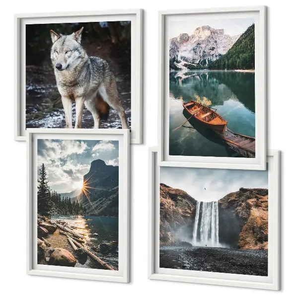 Mountain, lake, and waterfall wall art set of 4 wolf-themed landscape prints