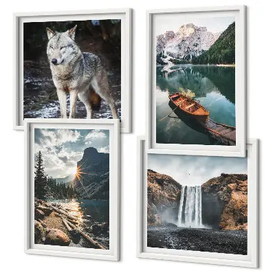Mountain, lake, and waterfall wall art set of 4 wolf-themed landscape prints