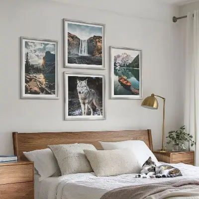 Mountain, lake, and waterfall wall art set of 4 wolf-themed landscape prints