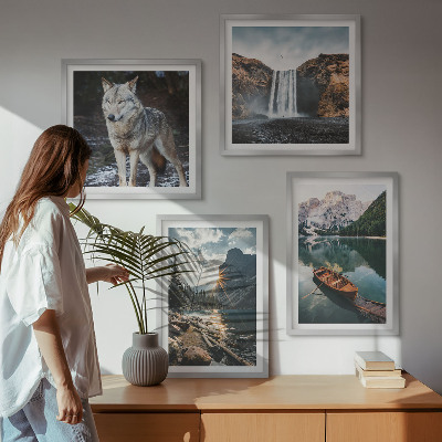 Set of 4 wall art pieces Mountains lakes waterfall wolf