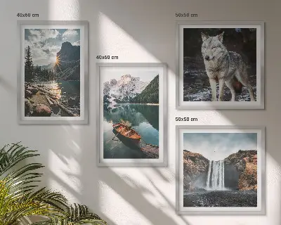 Mountain, lake, and waterfall wall art set of 4 wolf-themed landscape prints