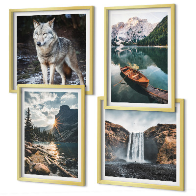 Set of 4 wall art pieces Mountains lakes waterfall wolf
