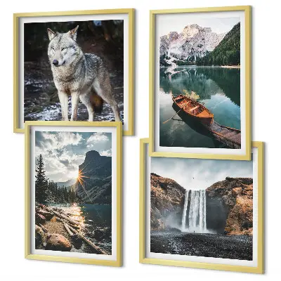 Mountain, lake, and waterfall wall art set of 4 wolf-themed landscape prints