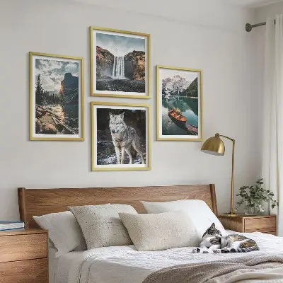 Mountain, lake, and waterfall wall art set of 4 wolf-themed landscape prints