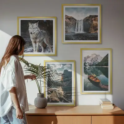 Mountain, lake, and waterfall wall art set of 4 wolf-themed landscape prints