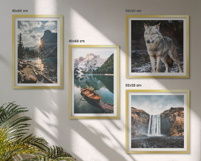 Set of 4 wall art pieces Mountains lakes waterfall wolf