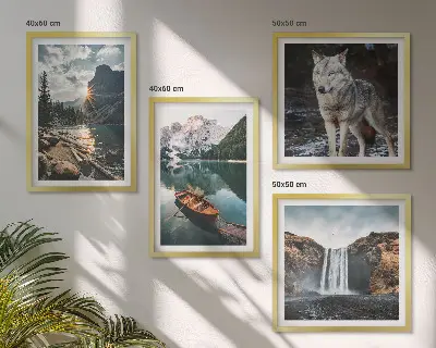 Mountain, lake, and waterfall wall art set of 4 wolf-themed landscape prints