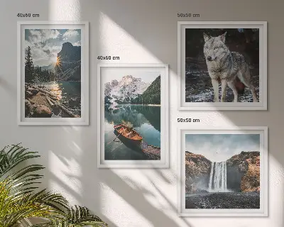 Mountain, lake, and waterfall wall art set of 4 wolf-themed landscape prints