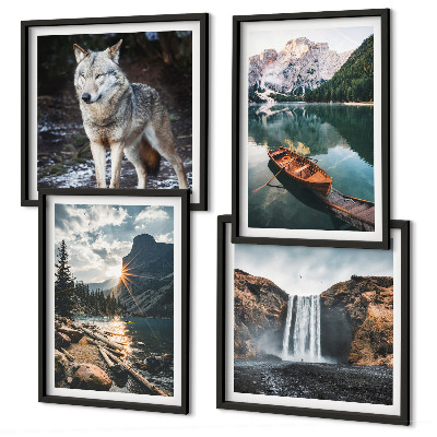 Set of 4 wall art pieces Mountains lakes waterfall wolf